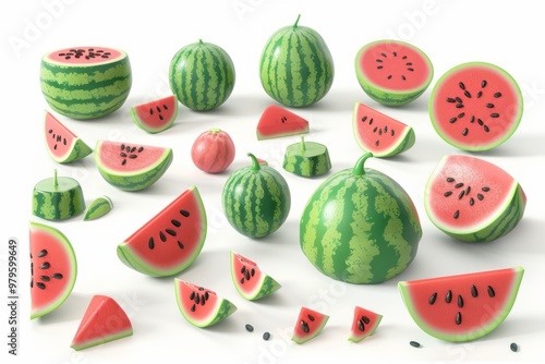 watermelon collection, 3d render, isolated on white background 