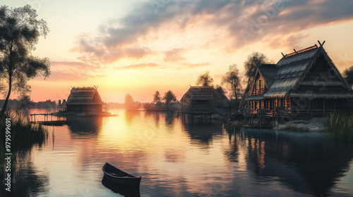 Prehistoric village with wooden houses is illuminated by rising sun