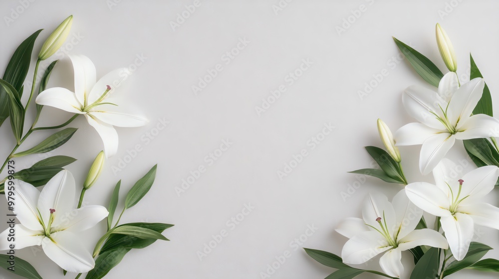 Delicate white lilies arranged beautifully on a soft gray background, perfect for floral designs, invitations, or calming decor. Delicate white lilies arranged beautifully on a soft gray background, perfect for floral designs, invitations, or calming decor.