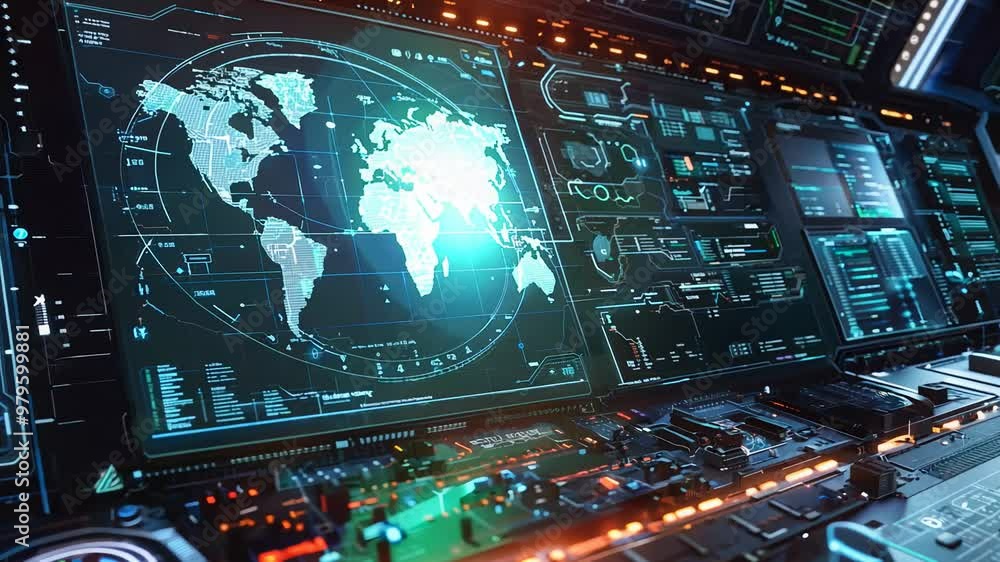 High-Tech Command Center with Global Monitoring System Displayed on Multiple Screens High-Tech Command Center with Global Monitoring System Displayed on Multiple Screens