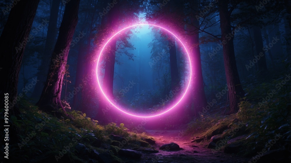 Fototapeta premium Neon circle illuminates dark mystical forest scene