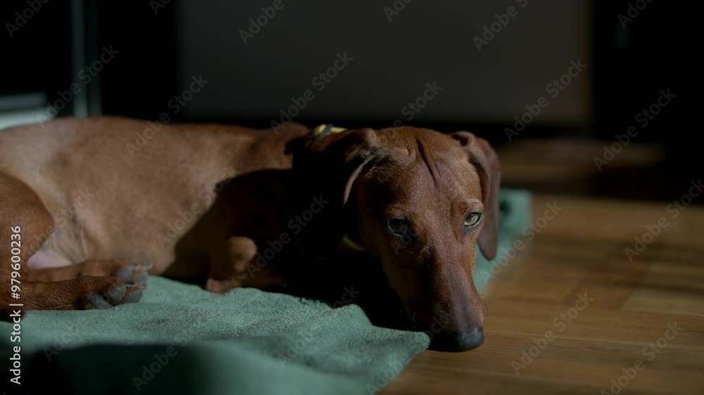A dachshund lies on a mat indoors, with a calm and thoughtful expression. The soft lighting creates a peaceful atmosphere inside the home. High quality 4k footage A dachshund lies on a mat indoors, with a calm and thoughtful expression. The soft lighting creates a peaceful atmosphere inside the home. High quality 4k footage