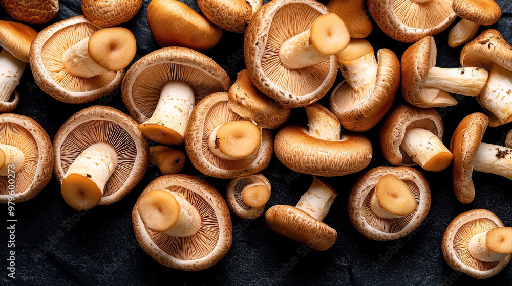 Close-up of fresh mushrooms with brown caps and white stems, arranged on a dark textured surface. The mushrooms exhibit gills and a natural, earthy appearance. Close-up of fresh mushrooms with brown caps and white stems, arranged on a dark textured surface. The mushrooms exhibit gills and a natural, earthy appearance.