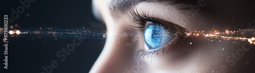Close-up of a blue eye with futuristic digital data overlay, representing technology, innovation, and future vision.