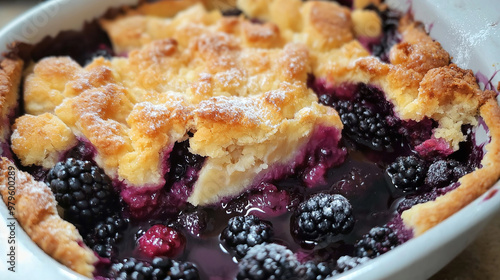 Delicious blackberry cobbler baking in a white ceramic dish photo