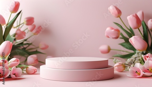 Elegant pastel podium showcasing floral beauty products with tulips in minimalistic 3D design, perfect for Valentines Day presentations