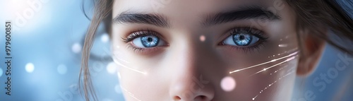 Close-up of a woman's face with blue eyes and futuristic light effects on her skin, symbolizing advanced technology and beauty. photo