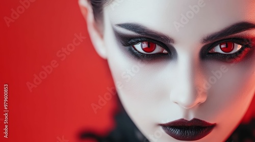 Woman with gothic vampire makeup, black lips, and red contact lenses, eerie Halloween style