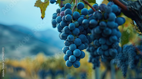 Bunch of the Cabernet Franc grape with leaves at blur background with free space for text. Ripe cluster of black wine grape on vine, close up view, horizontal format. photo