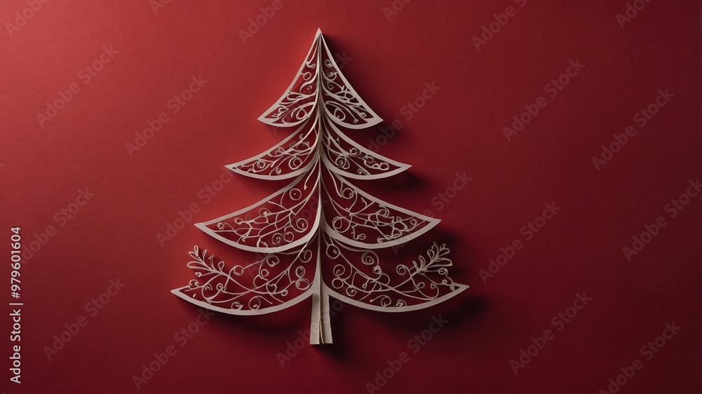 Papercut christmas tree on red festive background Papercut christmas tree on red festive background