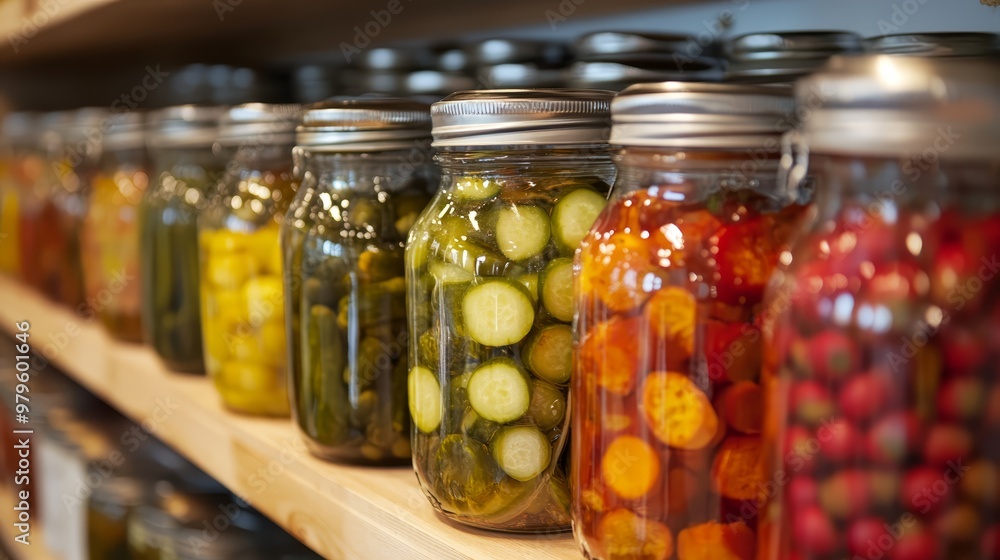Jars of Pickles Olives and Tomatoes on a Wooden Shelf Jars of Pickles Olives and Tomatoes on a Wooden Shelf