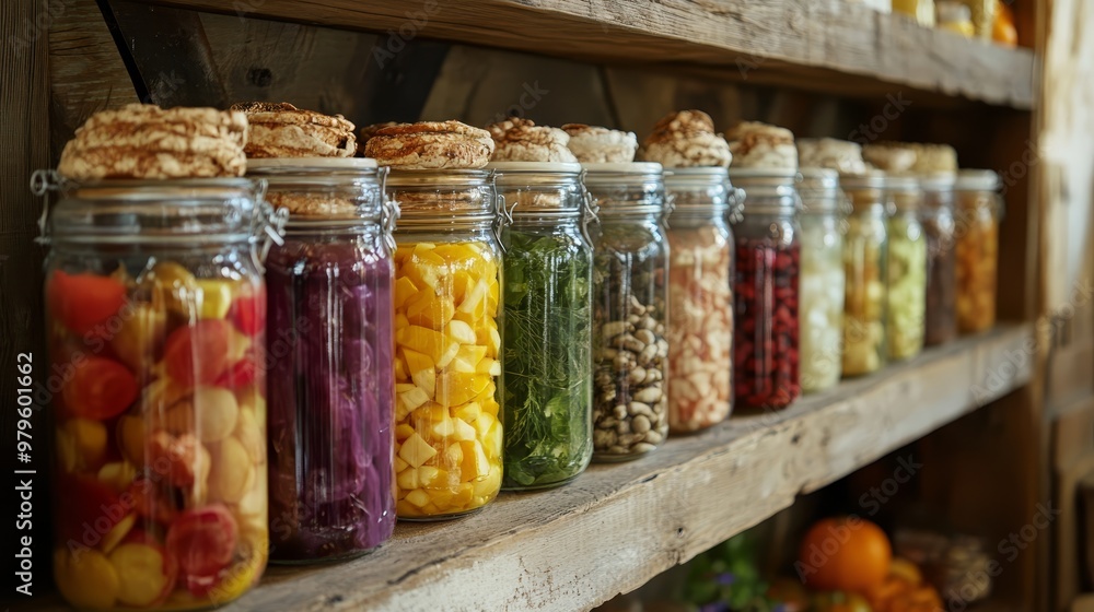 Glass Jars with Preserved Fruits and Vegetables on Rustic Wooden Shelf Glass Jars with Preserved Fruits and Vegetables on Rustic Wooden Shelf