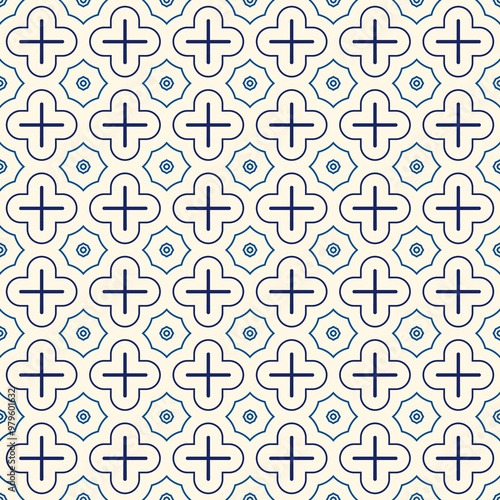 Oriental pattern. Repeated crosses and stars abstract ornament. Quatrefoil figures wallpaper. Maroccan mosaic tiles. Arabesque digital paper, textile print. Vector minimalist seamless surface design