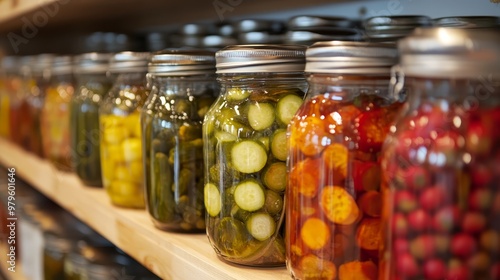 Jars of Pickles Olives and Tomatoes on a Wooden Shelf