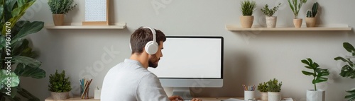 Person wearing headphones working at a computer in a cozy, plant-filled workspace, ideal for remote work and productivity themes. photo