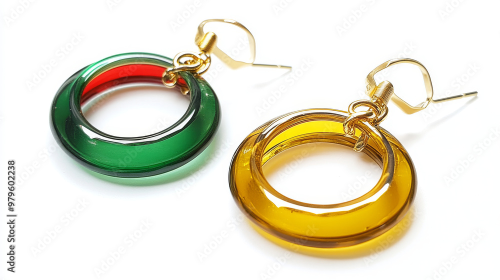 These stylish, modern earrings come in a variety of colors like green, yellow, red, and gold. They have a beautiful, round design and look great against a white backdrop. These stylish, modern earrings come in a variety of colors like green, yellow, red, and gold. They have a beautiful, round design and look great against a white backdrop.
