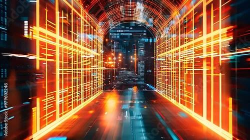 Futuristic Data Tunnel with Glowing Orange and Blue Lights, Representing High-Speed Data Transfer, Technology, and Innovation in a Digital World of Cyber Networks photo