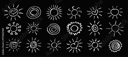 Set of fun like kid drawing white sun. Collection painted with pastel crayons or wax pencil sunny icons. Summer sky symbols. Rough chalk texture vector illustration in children style. Design elements