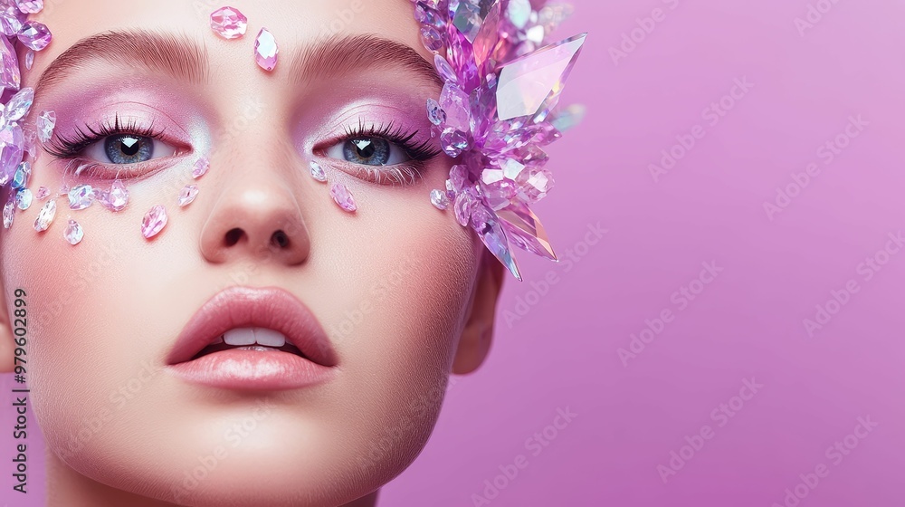 Woman with crystalinspired makeup, gemstones adorning her face, mystical Halloween elegance Woman with crystalinspired makeup, gemstones adorning her face, mystical Halloween elegance