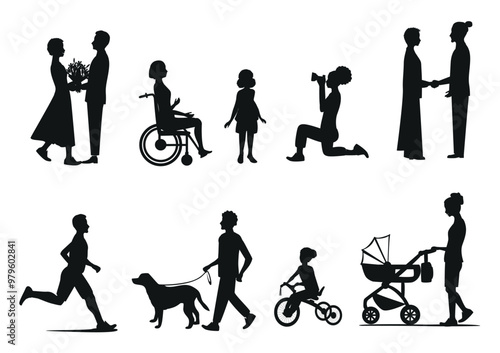 Silhouettes of people of different ages and nationalities on a walk. Families, children, old and young couples, athletes, friends spend time together. Vector set of silhouettes of active people.