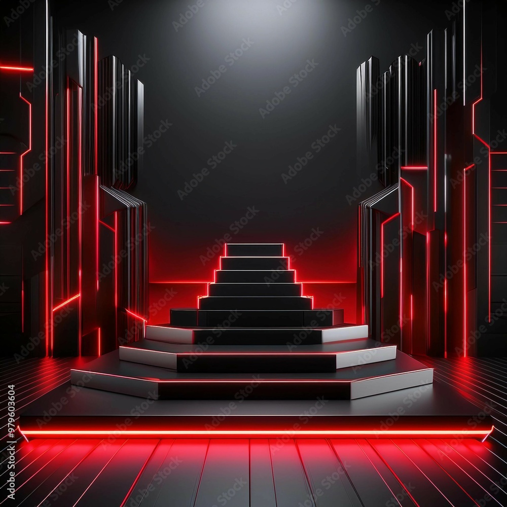 Obraz premium Futuristic Black Stage with Red Neon Highlights