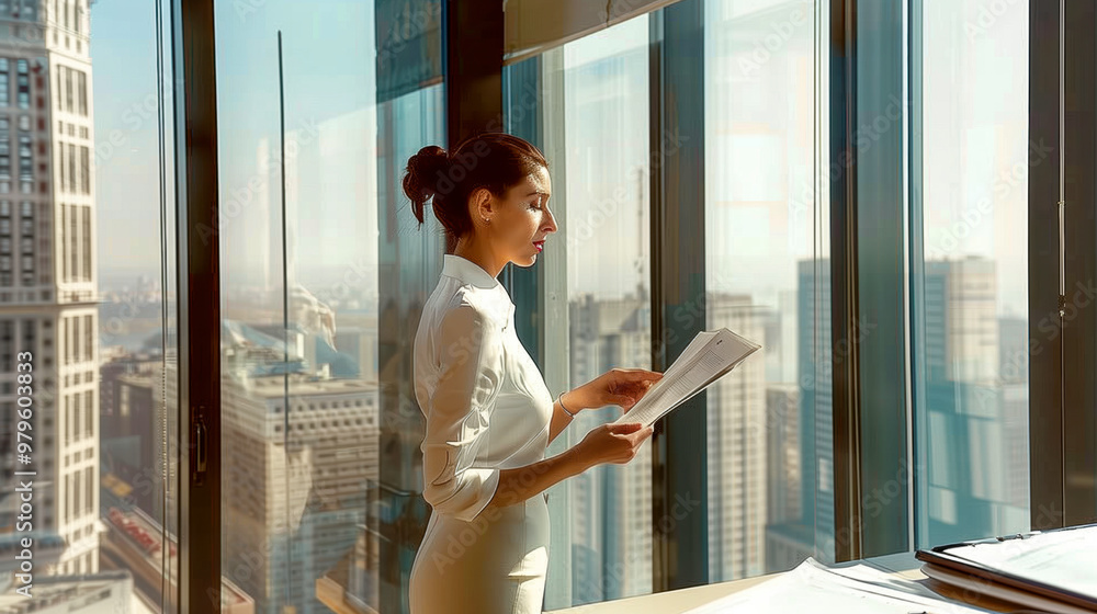 A woman is reading a piece of paper in front of a window A woman is reading a piece of paper in front of a window
