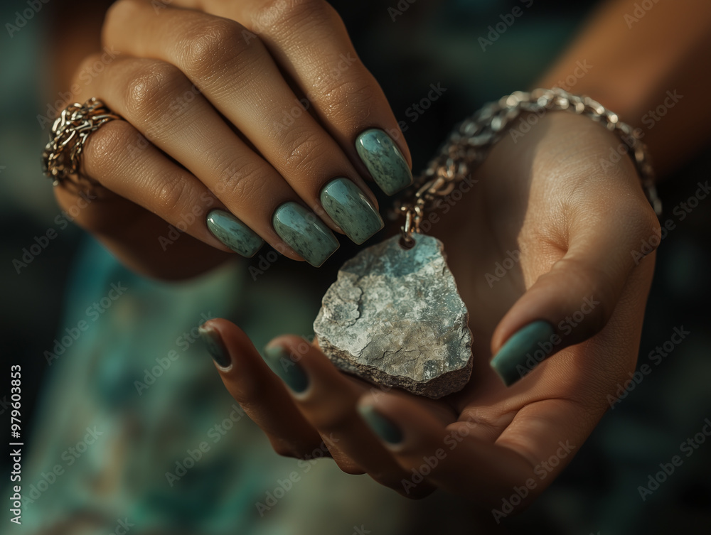 A close-up of a person’s hands holding a pendant with a rough stone, possibly a crystal or mineral, adorned with turquoise nail polish and multiple rings, highlighting the detailed texture of the ston A close-up of a person’s hands holding a pendant with a rough stone, possibly a crystal or mineral, adorned with turquoise nail polish and multiple rings, highlighting the detailed texture of the ston