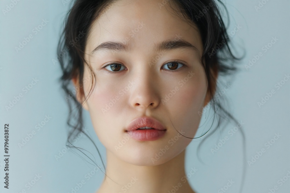 A beautiful Asian woman with clear skin and delicate facial features, a perfect face shape, oval-shaped eyes, thick eyebrows, full lips, a slender nose bridge, round cheeks, natural-looking makeup. A beautiful Asian woman with clear skin and delicate facial features, a perfect face shape, oval-shaped eyes, thick eyebrows, full lips, a slender nose bridge, round cheeks, natural-looking makeup.