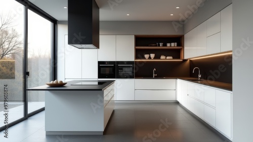 Generative AI, a kitchen with a large window and a stove top oven and a sink and a counter top with a bowl on it, clean lines, a 3D render, postminimalism