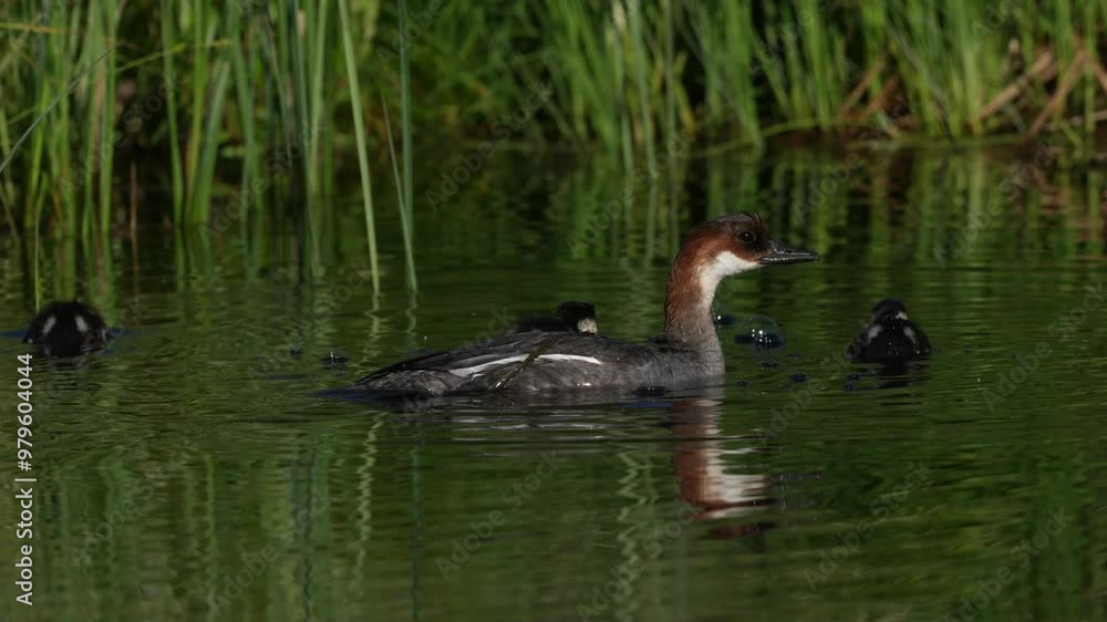 Smew, Mergus albellus, bird female with five ducklings in the water lake, Kuhmo Finland. Bird nesting bahaviour, evening light in nature. Europe wildlife. Smew, Mergus albellus, bird female with five ducklings in the water lake, Kuhmo Finland. Bird nesting bahaviour, evening light in nature. Europe wildlife.