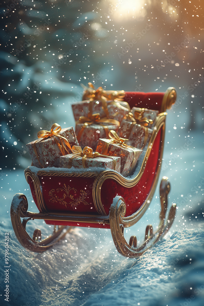 Fototapeta premium A red sleigh filled with gift boxes adorned with golden ribbons, set against a backdrop of snowflakes and blurred lights, capturing the essence of the holiday season