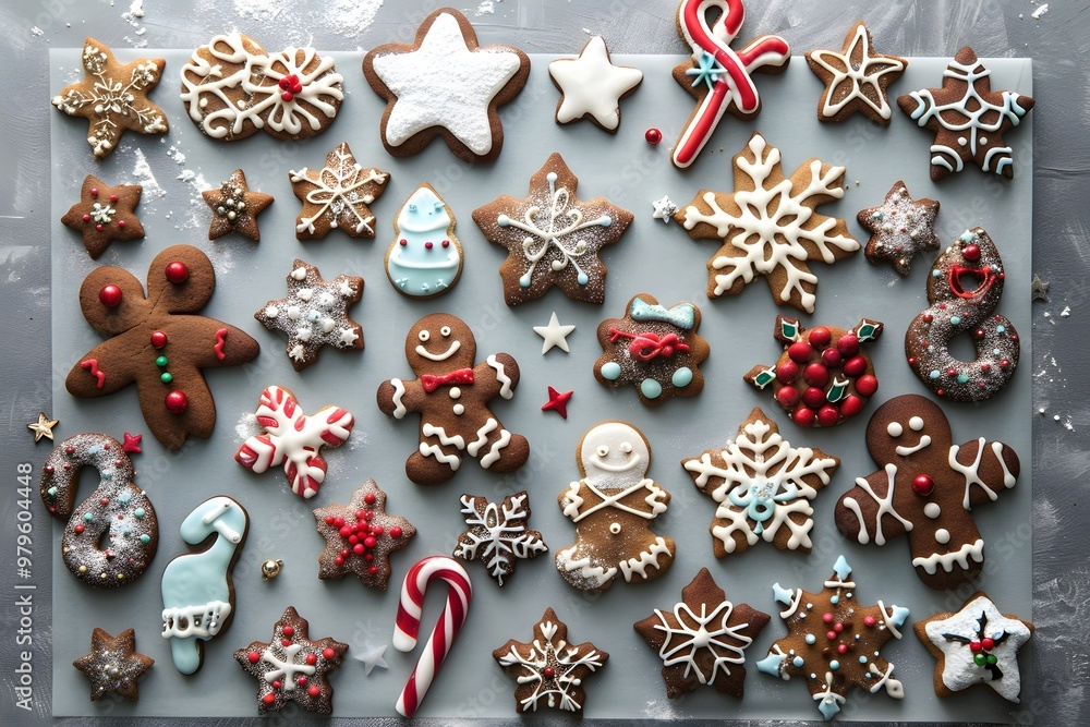 Christmas cookies, decorated with icing and decorations, arranged in an artistic pattern on the table Christmas cookies, decorated with icing and decorations, arranged in an artistic pattern on the table