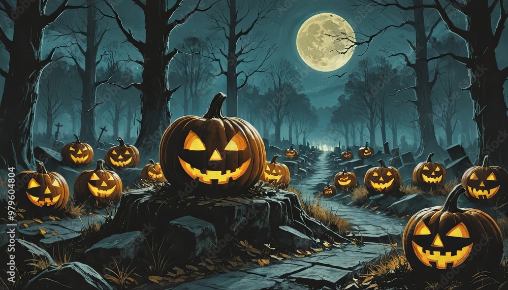 Fototapeta premium Halloween night pumpkin in the forest cemetery, 2d drawing, painting