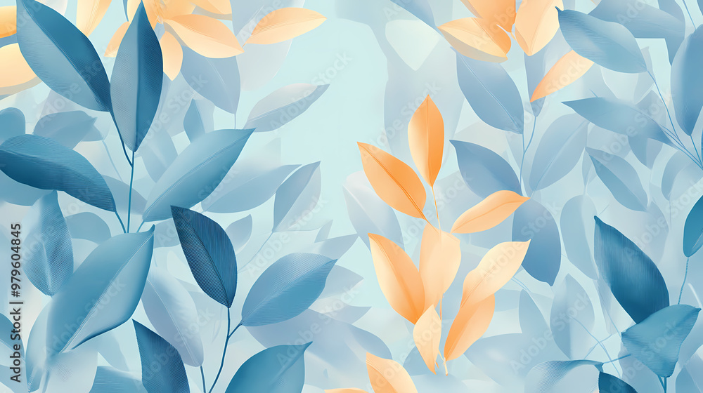 A summer background with plants and leaves, using a blue color palette and pastel colors, featuring simple shapes generative ai. Pastel Palette. Illustration A summer background with plants and leaves, using a blue color palette and pastel colors, featuring simple shapes generative ai. Pastel Palette. Illustration