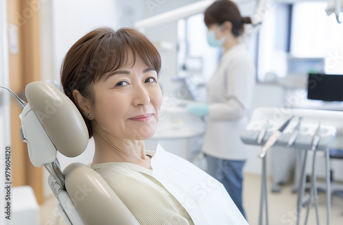 A 45-year-old Japanese woman undergoing a dental treatment in a modern clinic