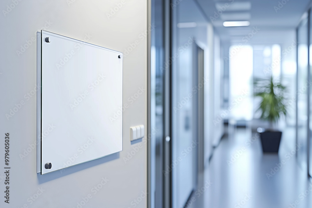 Mockup of a blank glass signage mounted on a wall in a bright office corridor, ideal for corporate branding and office design presentations Mockup of a blank glass signage mounted on a wall in a bright office corridor, ideal for corporate branding and office design presentations