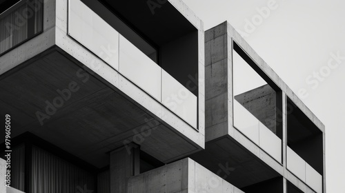 windows of a concrete building facade, brutalist style architecture 