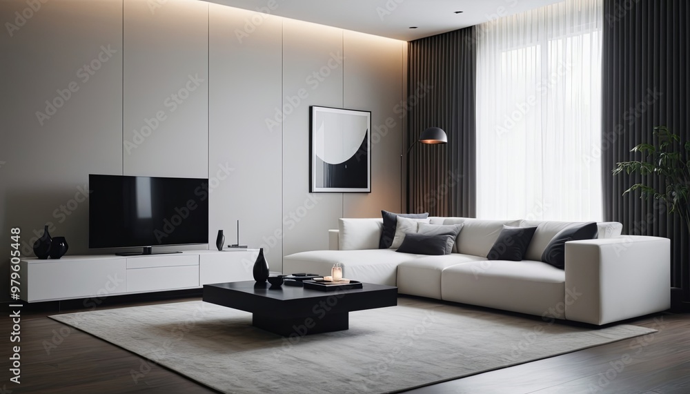 Fototapeta premium A modern, minimalist living room with a clean and elegant design, a sofa, and a bed, white minimal modern color 