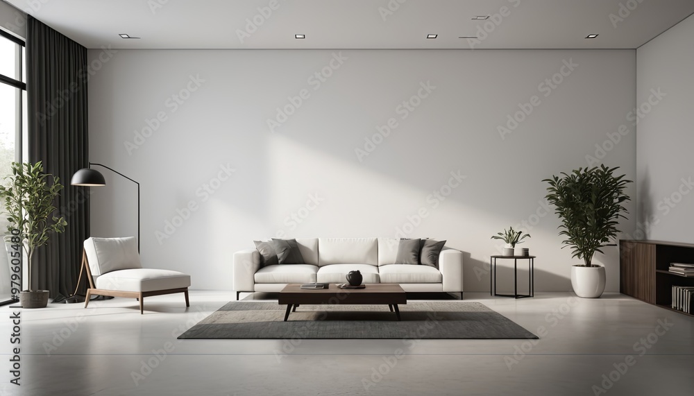 A modern, minimalist living room with a clean and elegant design, a sofa, and a bed, white minimal modern color
A modern, minimalist living room with a clean and elegant design, a sofa, and a bed, white minimal modern color