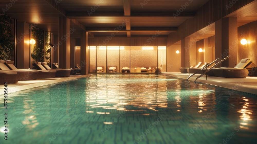 Obraz premium Swimming pool in luxury hotel resort at night. View from the water with rattan loungers and warm lights, Nobody. 