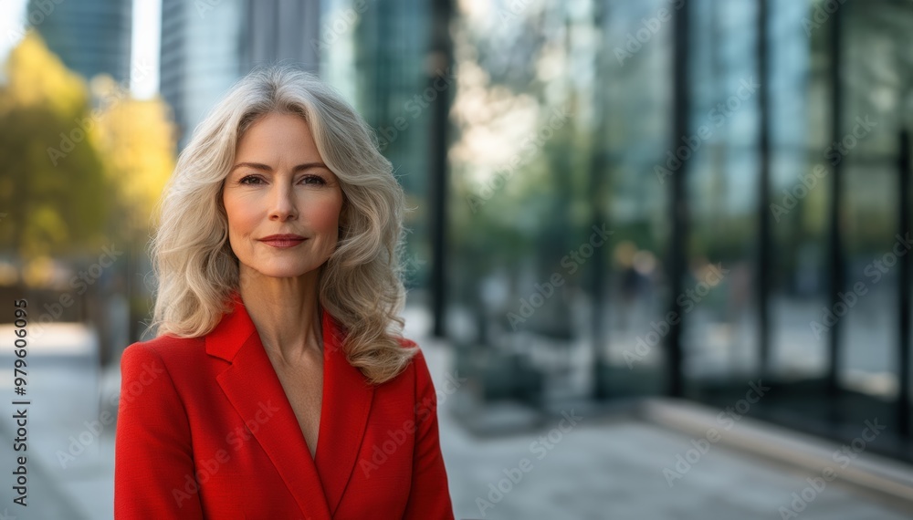 Portrait of a mature middle-aged Caucasian woman in a red business suit outdoors with a blurred business center in the background. business woman in the city. copy space Portrait of a mature middle-aged Caucasian woman in a red business suit outdoors with a blurred business center in the background. business woman in the city. copy space