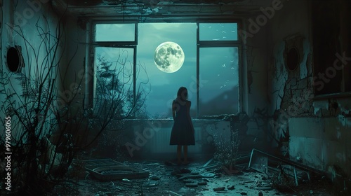 A woman stands in a ruined building, looking out the window at a full moon and a starry night.