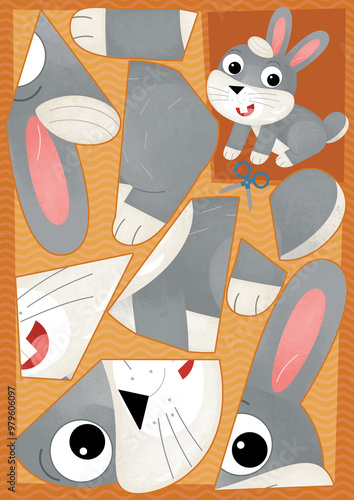 Wallpaper Mural cartoon scene with character puzzle cutout educational exercise manual work with scissors animal rabbit bunny illustration for children cutout Torontodigital.ca