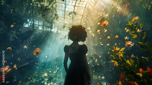A woman in a black dress stands in a greenhouse with sunbeams shining through the glass roof, creating a magical atmosphere.