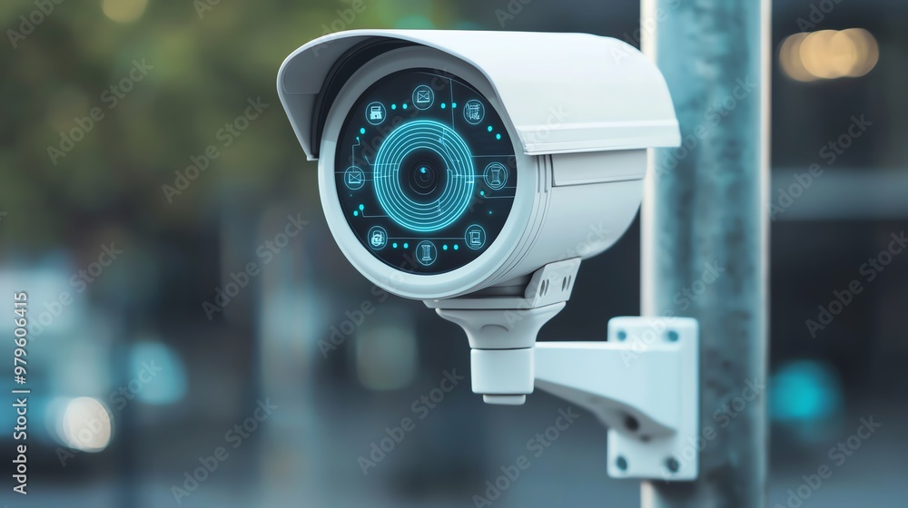 CCTV camera mounted on a street corner, overlaid with augmented reality network icons, futuristic smart city concept CCTV camera mounted on a street corner, overlaid with augmented reality network icons, futuristic smart city concept