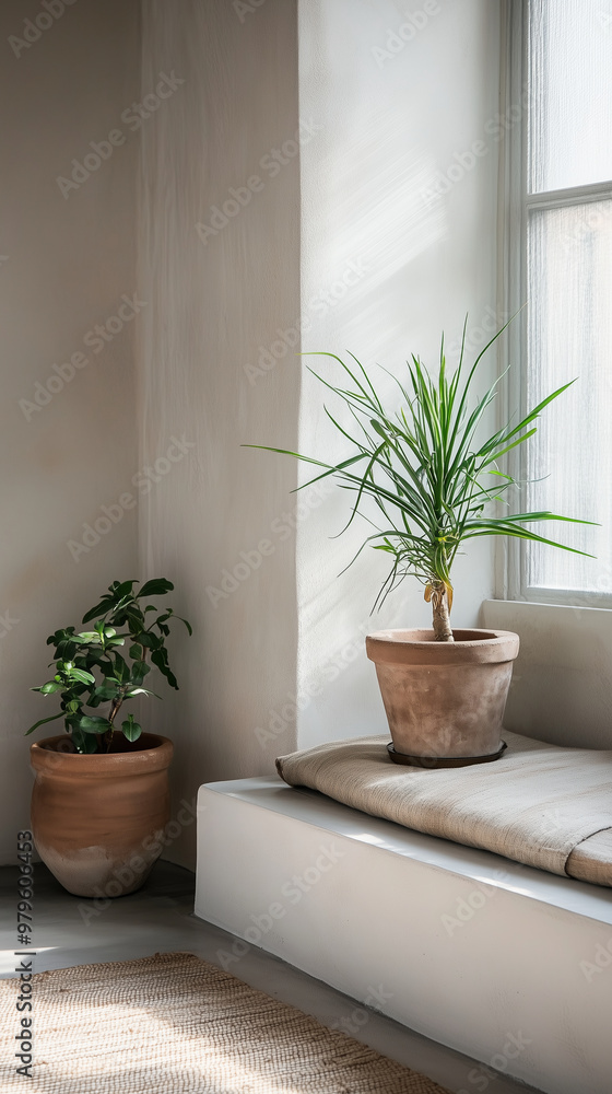 Fototapeta premium a serene home apartment coffee relax corner that blends Japandi style ,featuring a wooden chair, a round table, and potted plant 