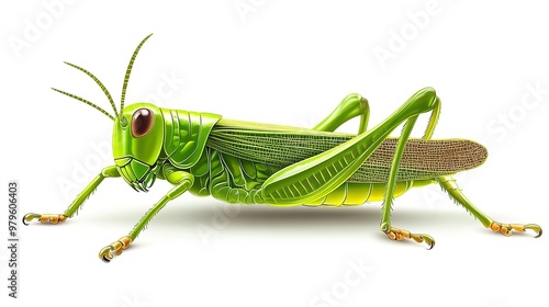 Realistic image of a green grasshopper on a white background, highlighting its detailed features and natural appearance.