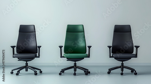 Vacant position Green office chair among black ones on white background banner design : Generative AI