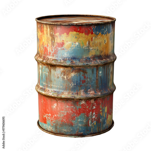 Rusty, Weathered Metal Oil Barrel with Vintage Paint Isolated on White Background for Industrial and Grunge Themes, Cutout, Isolated on White Background photo