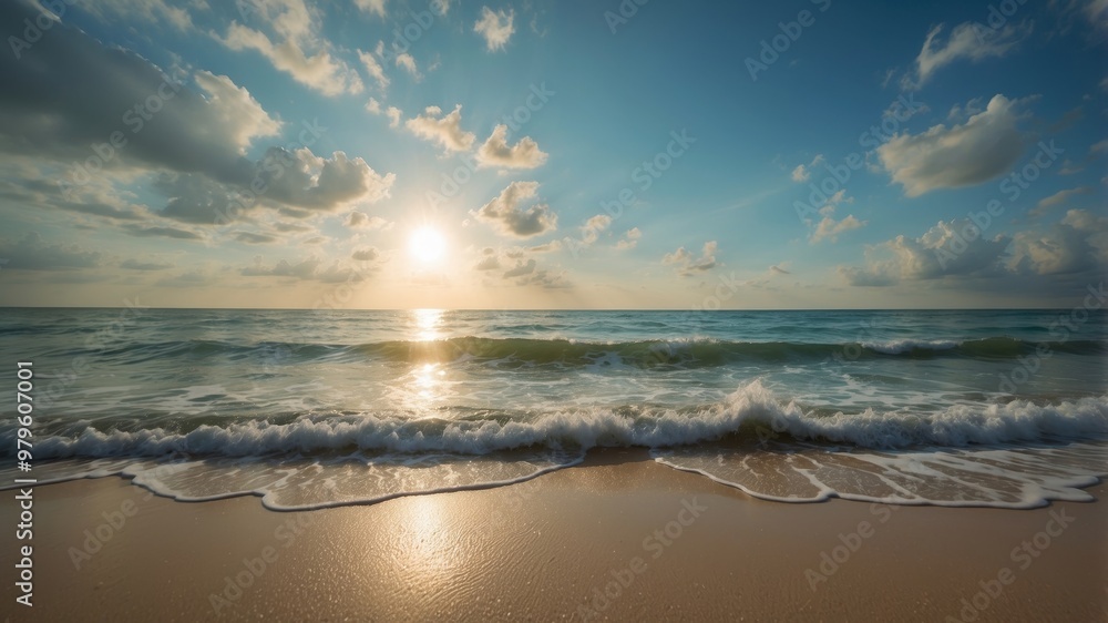 Fototapeta premium Sandy beach with turquoise ocean and clear sky